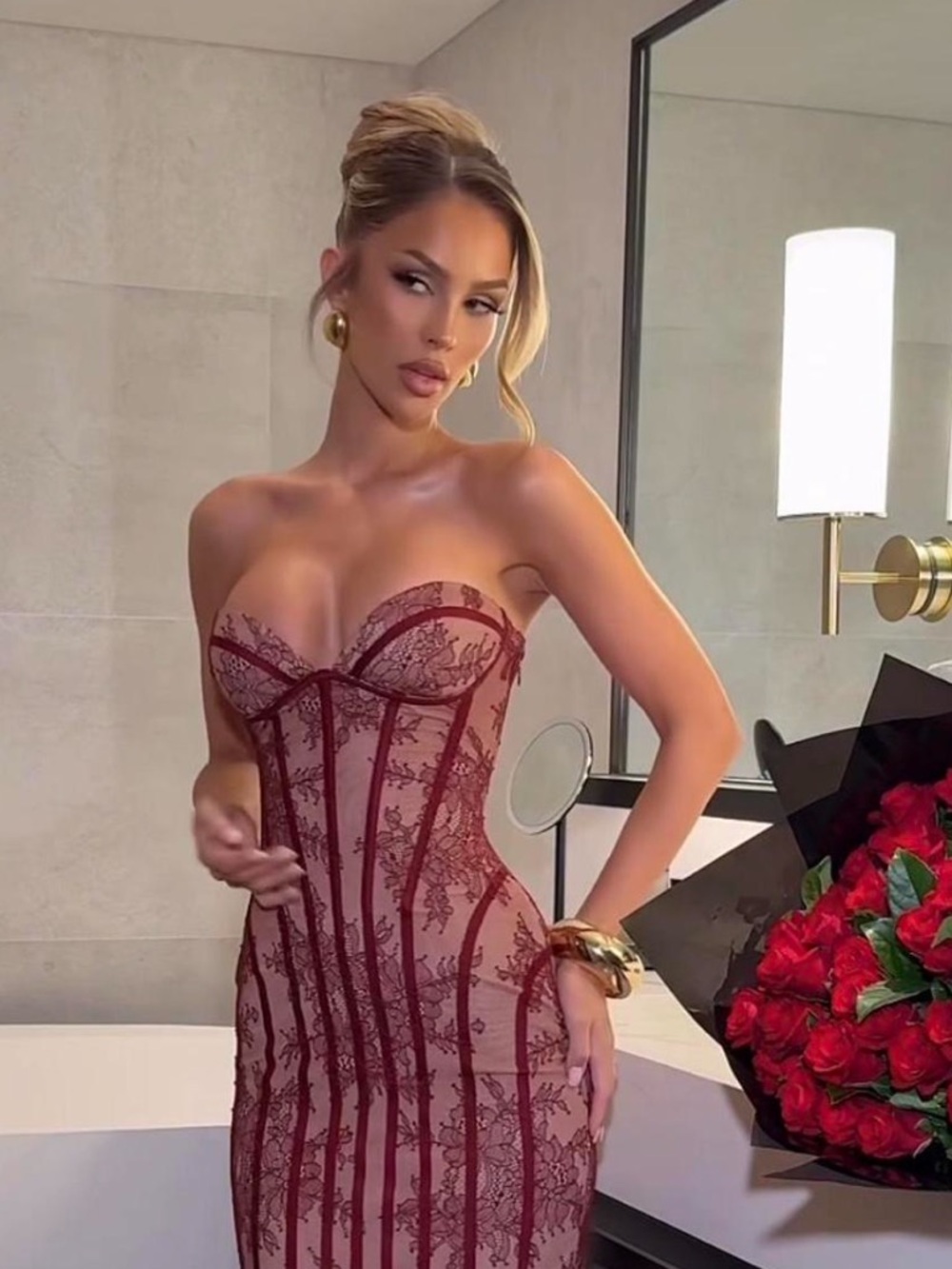Strapless Burgundy Lace Corseted Bodycon Dress